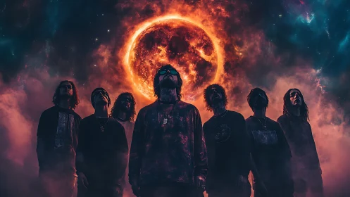 Seven silhouetted figures stand beneath a burning red eclipse