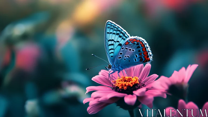 Macro study of blue butterfly on magenta flower in bokeh field