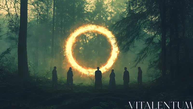Silhouetted figures encircle a fiery portal ring in dense misty forest