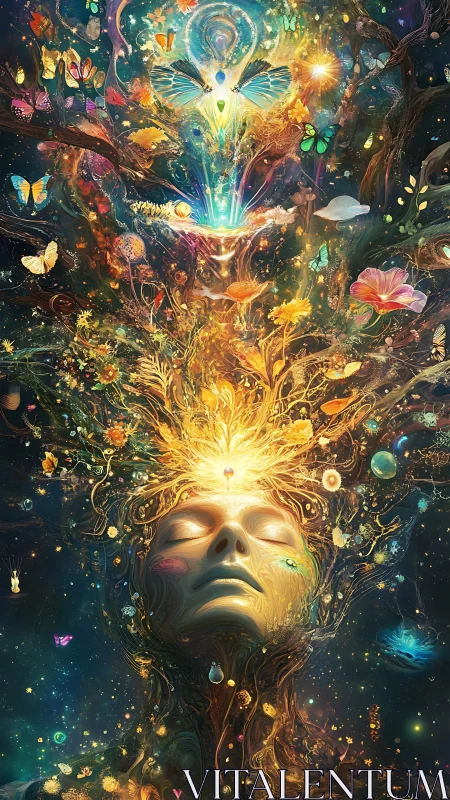 Mind blossoms into a cosmic garden of light and butterflies