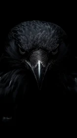 Glistening raven portrait emerges from deep black void.