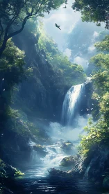 Vertical rainforest cascade rendered in luminous digital realism