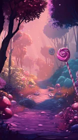 Fantasy landscape rendered with volumetric lighting through stylized forest canopy featuring candy l