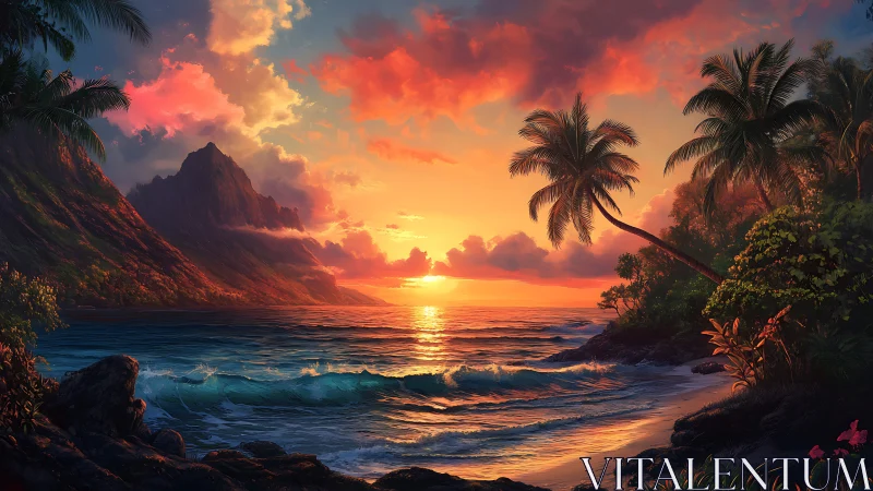 Radiant tropical sunset illuminates waves and mountainous coastline