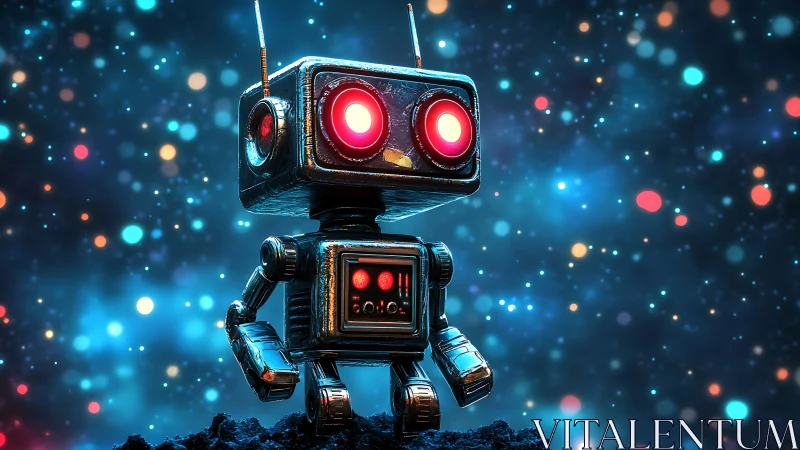 Curious little robot gazes at glowing stars in deep space