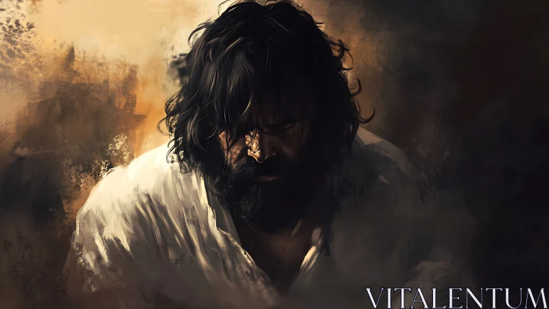 Brooding bearded man in shadowed painterly portrait.