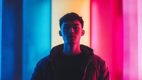 Neon-lit portrait framed by bold cyan, yellow, magenta bars.