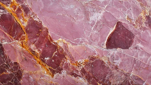 Pink metamorphic marble slab with angular fractures and oxide veins