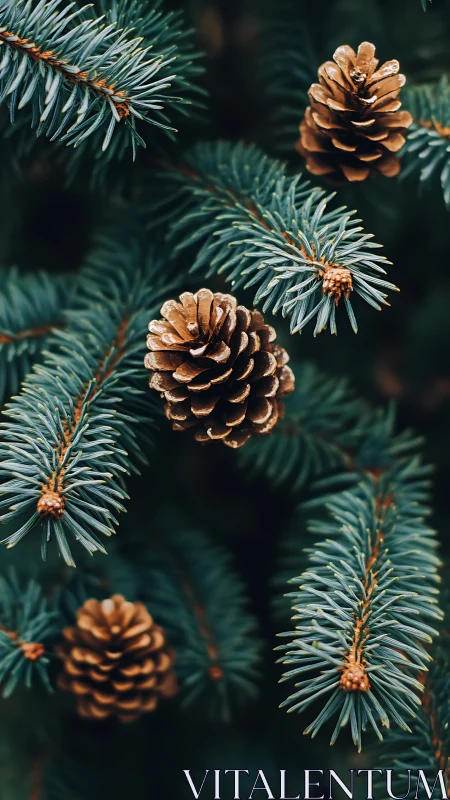Quiet pine branches cradle warm brown cones in gentle focus