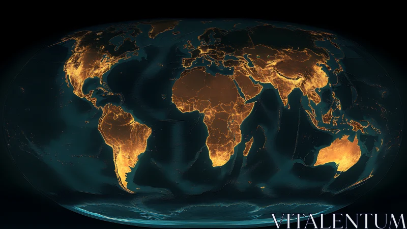 Glowing global landmass map in golden neon illumination.