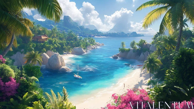 Tropical Island Paradise with Crystal Waters and Palm-Lined Cove