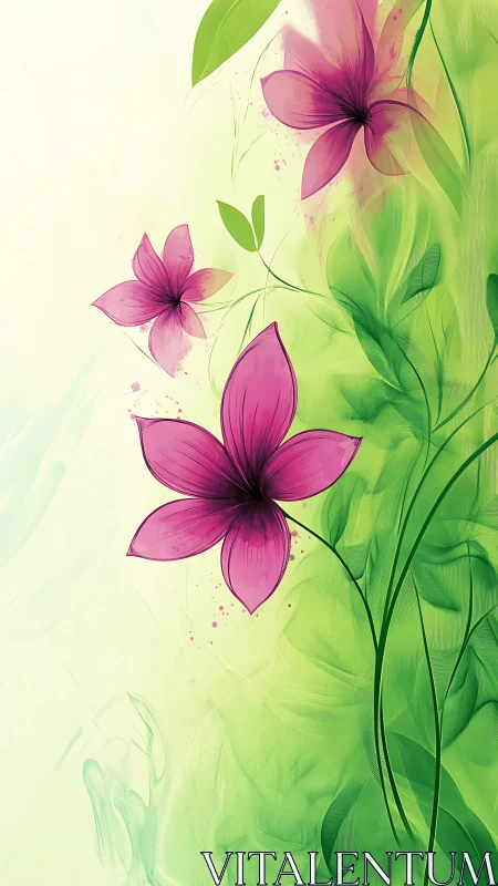 Translucent Floral Composition with Pink Blooms and Gradient Foliage.