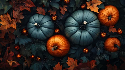 Teal and orange pumpkins rest among deep autumn leaves.
