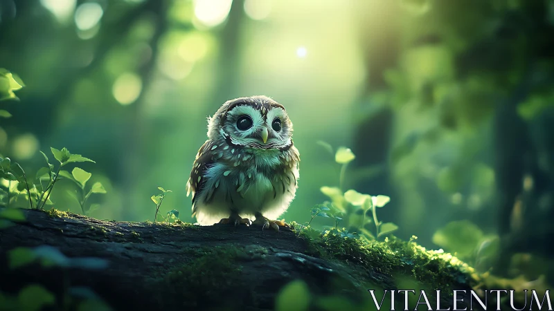 Adorable baby owl perched on mossy branch in dreamy forest scene.