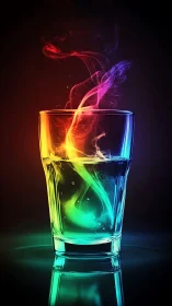 Glass holds swirling rainbow liquid and rising colored vapors