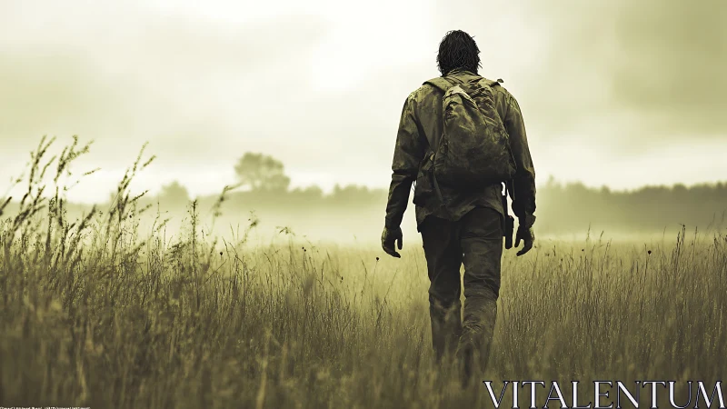 Lone wanderer strolling through a misty golden meadow.