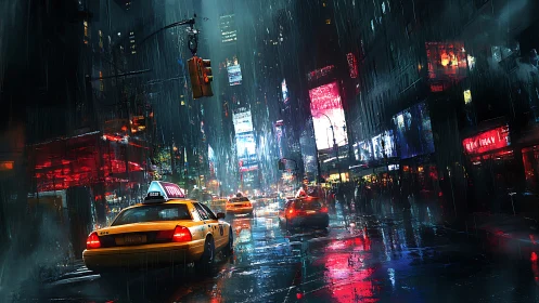 Neon rainstorm drives yellow taxis through electric midnight.