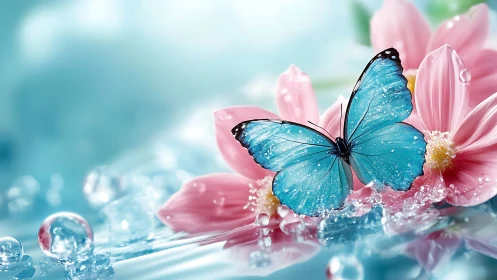 Blue butterfly on wet pink flowers in shallow water.