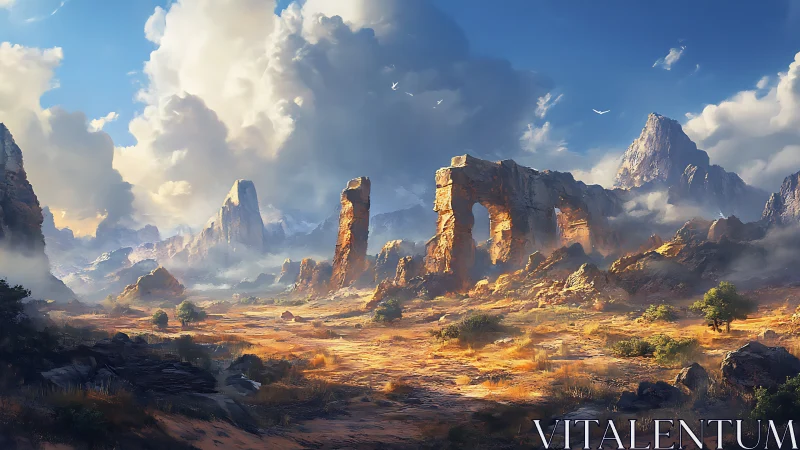 Rock arches and desert cliffs under dramatic clouds.