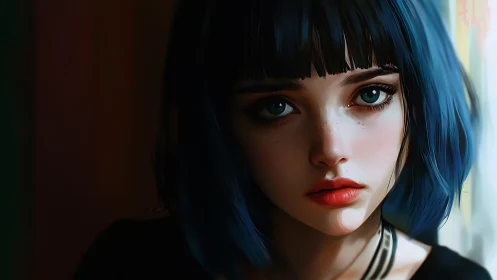 High-contrast digital portrait renders blue-haired girl with rim light
