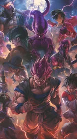 Anime warriors clash under stormlit cosmic sky. Period.