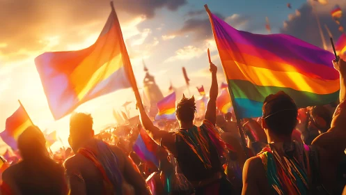Backlit pride parade crowd with dynamic rainbow flag motion blur