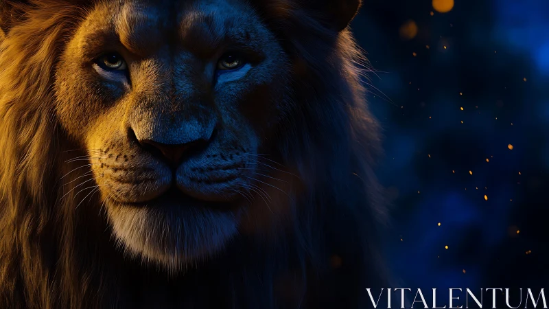 Lion&rsquo;s quiet gaze in firelit blue twilight magic.