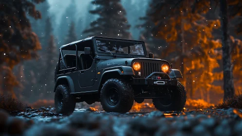 Midnight trailblazer jeep ignites a frosted forest path.