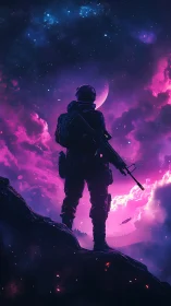 Lone space soldier watches a glowing violet cosmic horizon