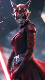 Horned red warrior holds glowing energy blade in storm