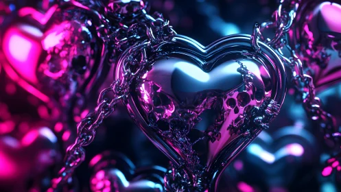 Metallic Heart with Chains in Neon Pink and Blue Light, Futuristic Art.