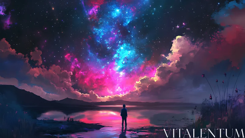 Solitary figure observing luminous cosmic nebula skyscape.