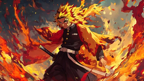 Fiery anime swordsman stands surrounded by swirling flames.