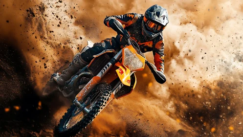 High-speed motocross rider carving berm with dynamic soil spray
