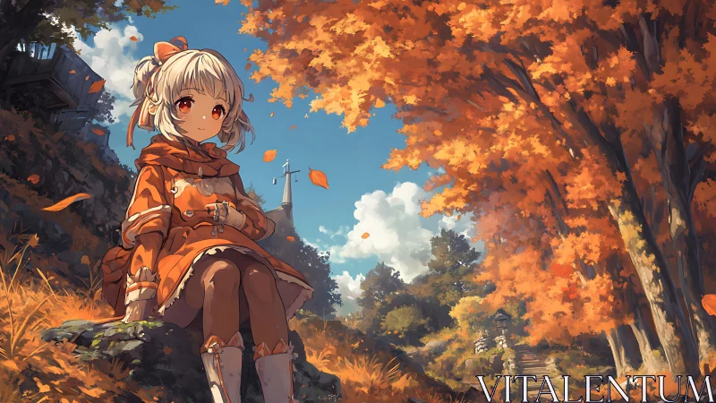 Autumn forest path with seated anime girl in orange cloak