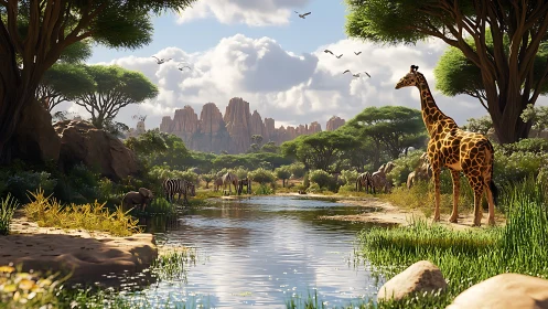 Savanna wildlife at riverside under scattered cloud cover.