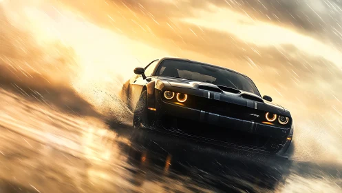 Muscle car powers through rain on reflective wet highway.