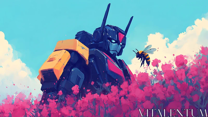 Large robot amid pink blossoms with hovering bee observed.