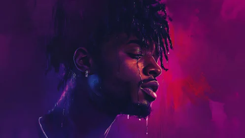 Neon-lit side profile portrait in magenta and violet hues.