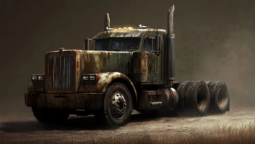 Heavily weathered diesel semi-truck cab in cinematic side light