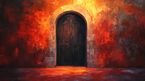 Emberlit Wooden Doorway Guarding a Painted Inferno.
