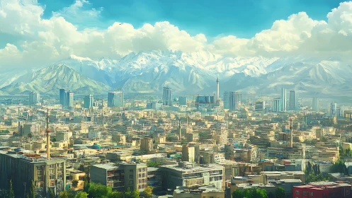 Sunlit city skyline framed by snow-capped mountain range.