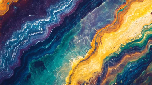 Abstract fluid layers in blue, purple, teal and yellow.