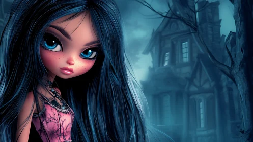 Moonlit goth doll stares down a whispering haunted manor.