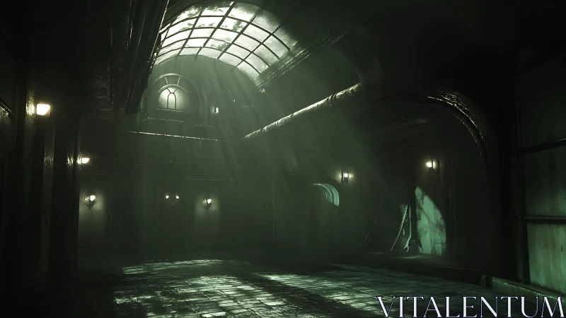 Abandoned underground hall shows light shafts through skylight