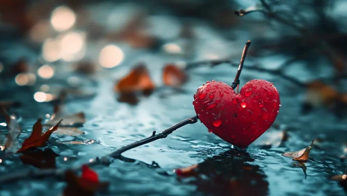 Red Heart on Branch in Rain.