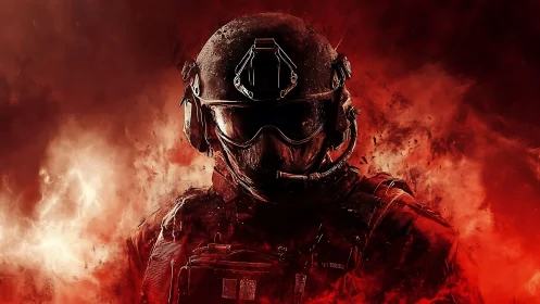 Tactical operator silhouette in ballistic armor amid red flames