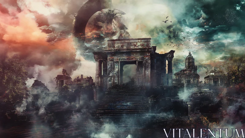 Ruined monumental temple stands under fractured cosmic sky