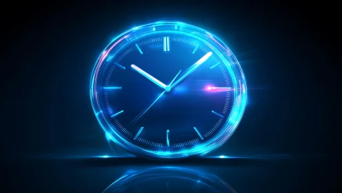 Luminous blue analog clock is rendered with digital light effects