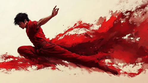 Dynamic martial artist in mid-air leap with fluid red motion trail